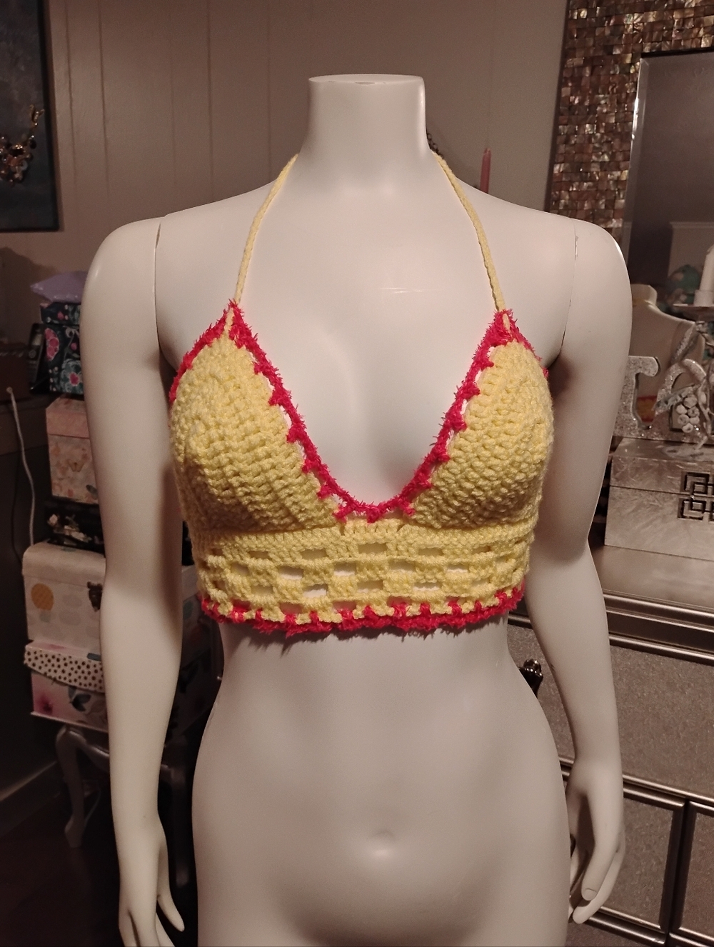 Handmade Yellow Crochet Bralette with Pink Trim